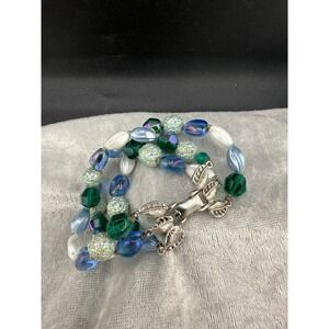 Vintage Deauville‎ Beaded Bracelet Signed Silver Tone Blue Green 6.5"